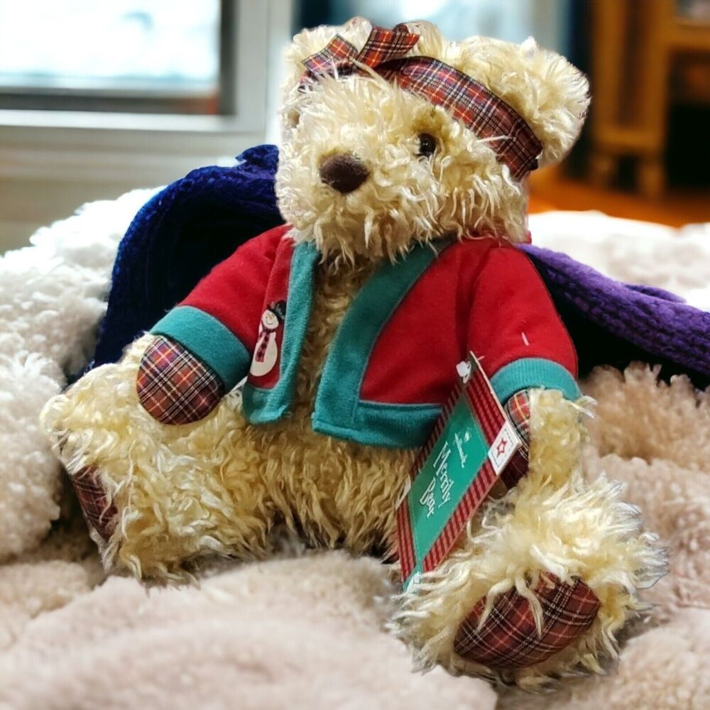 Hallmark Merrily Bear 10" Christmas Plush Plaid Original Tags Snowman Sweater